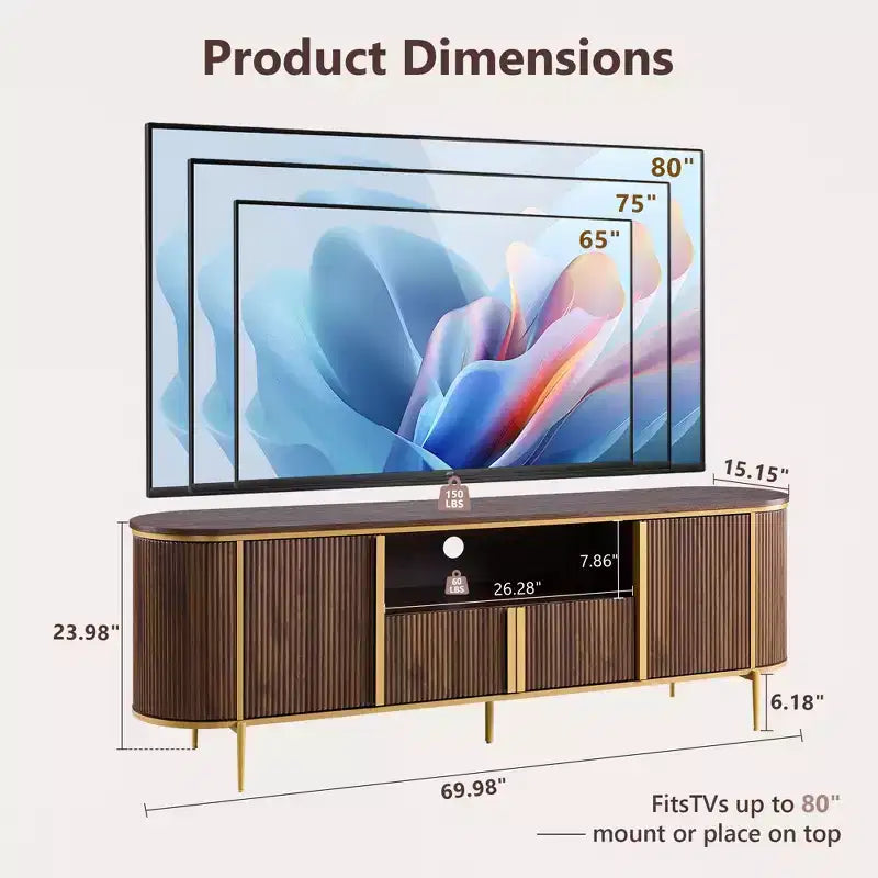 70 Fluted Stand, Modern Entertainment Center with Faux Marble Top and Curved Design, Media Console for Living Room Storage
