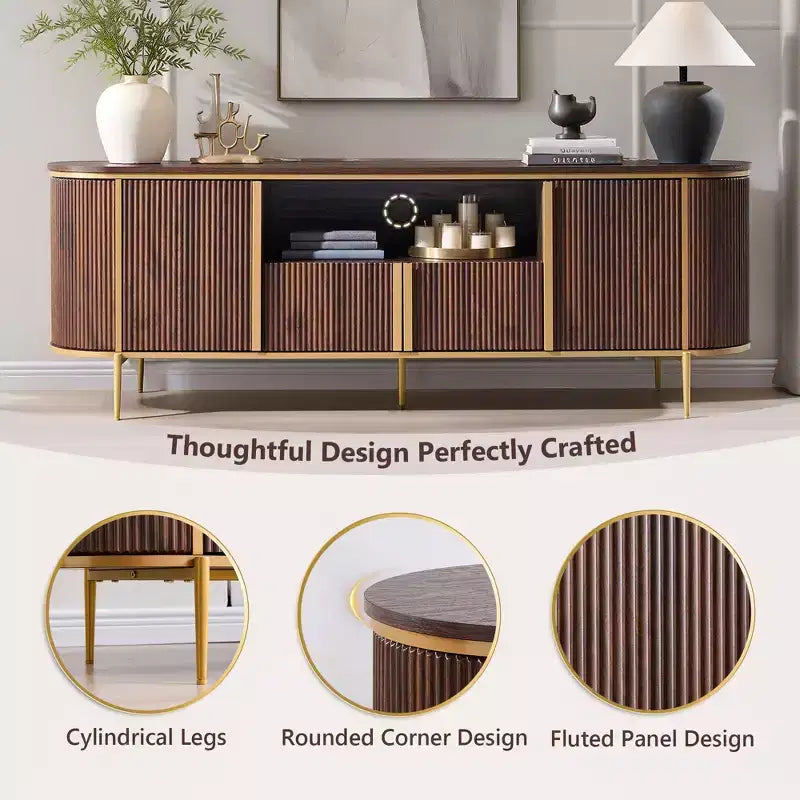 70 Fluted Stand, Modern Entertainment Center with Faux Marble Top and Curved Design, Media Console for Living Room Storage