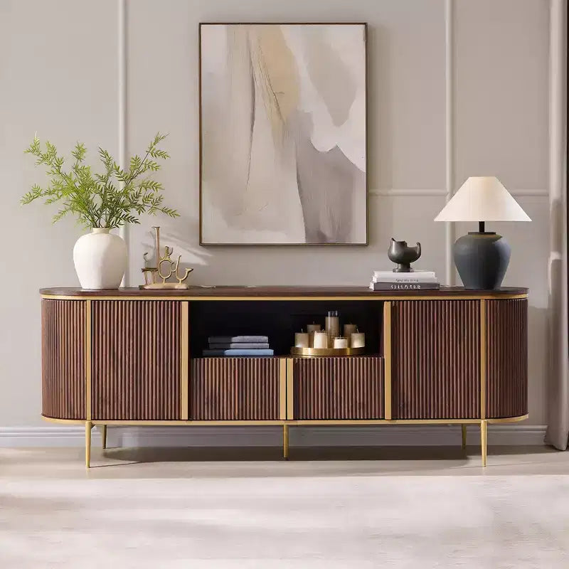70 Fluted Stand, Modern Entertainment Center with Faux Marble Top and Curved Design, Media Console for Living Room Storage