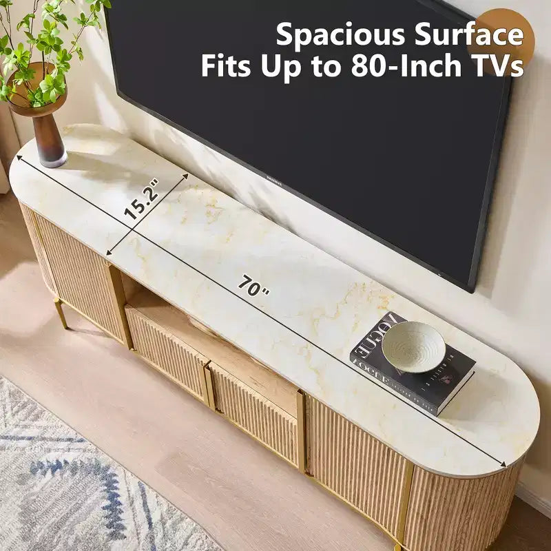 70 Fluted Stand, Modern Entertainment Center with Faux Marble Top and Curved Design, Media Console for Living Room Storage