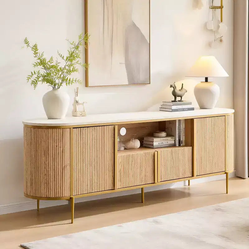 70 Fluted Stand, Modern Entertainment Center with Faux Marble Top and Curved Design, Media Console for Living Room Storage