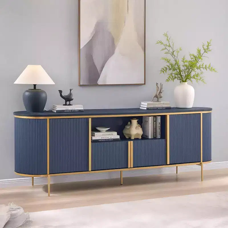 70 Fluted Stand, Modern Entertainment Center with Faux Marble Top and Curved Design, Media Console for Living Room Storage