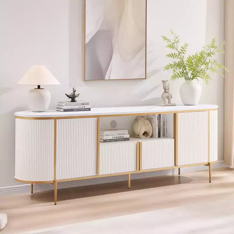 70 Fluted Stand, Modern Entertainment Center with Faux Marble Top and Curved Design, Media Console for Living Room Storage