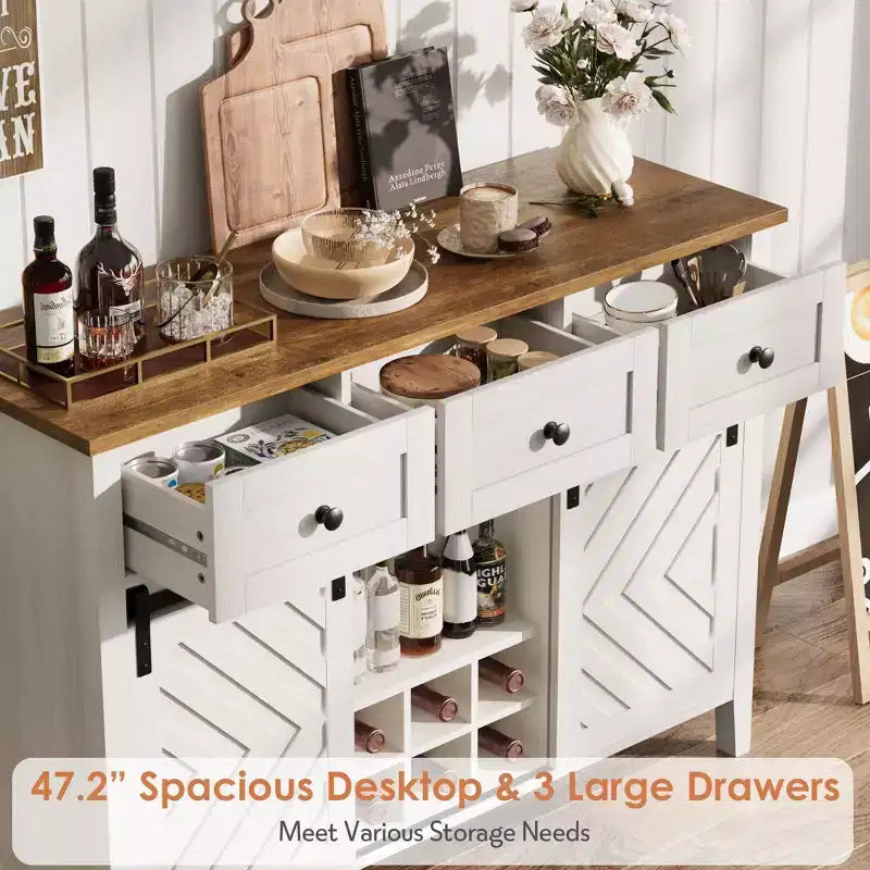 Farmhouse Buffet Cabinet with Sliding Barn Door, Rustic Sideboard with 3 Drawer, Removable Wine Rack, Farmhouse Sideboard with Adjustable Shelf