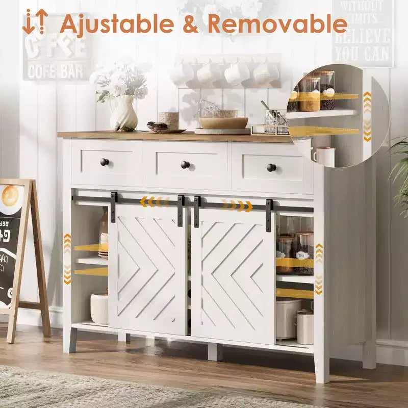 Farmhouse Buffet Cabinet with Sliding Barn Door, Rustic Sideboard with 3 Drawer, Removable Wine Rack, Farmhouse Sideboard with Adjustable Shelf