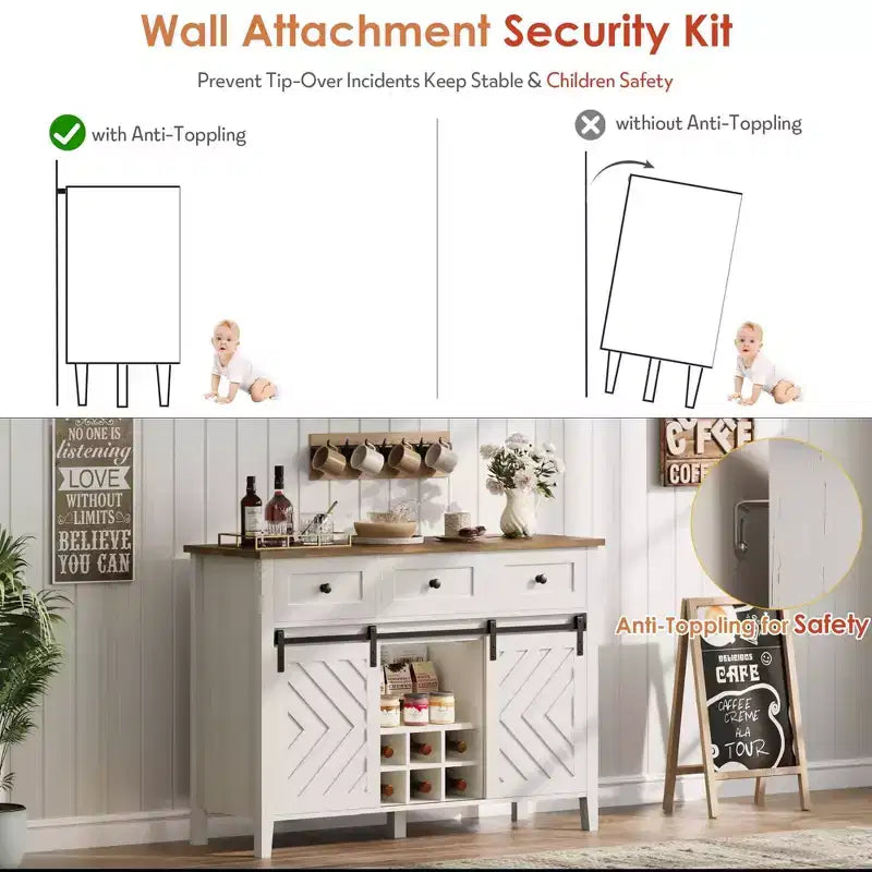 Farmhouse Buffet Cabinet with Sliding Barn Door, Rustic Sideboard with 3 Drawer, Removable Wine Rack, Farmhouse Sideboard with Adjustable Shelf