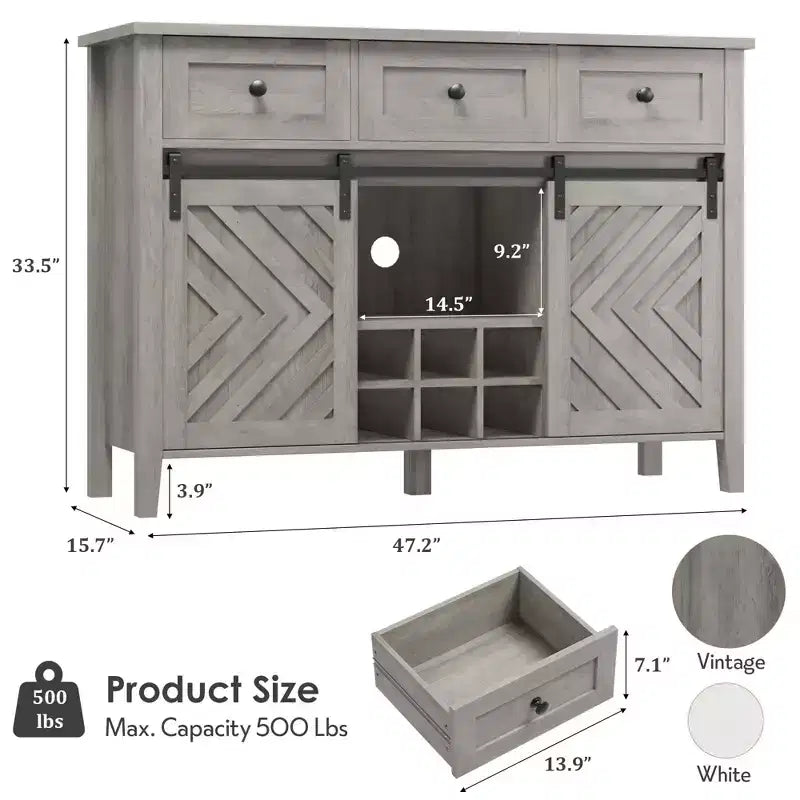 Farmhouse Buffet Cabinet with Sliding Barn Door, Rustic Sideboard with 3 Drawer, Removable Wine Rack, Farmhouse Sideboard with Adjustable Shelf