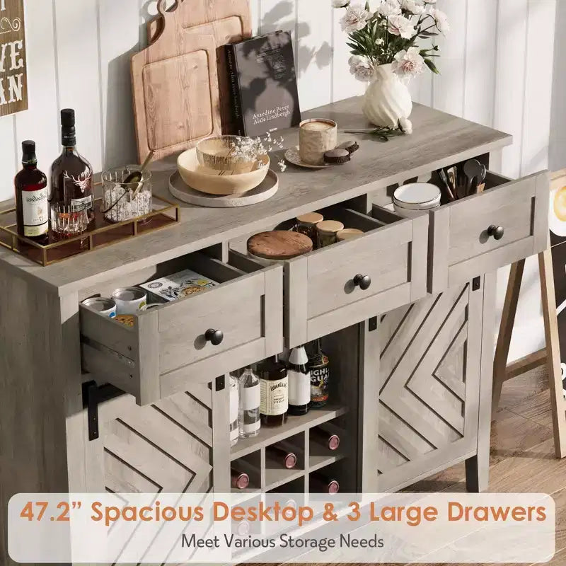 Farmhouse Buffet Cabinet with Sliding Barn Door, Rustic Sideboard with 3 Drawer, Removable Wine Rack, Farmhouse Sideboard with Adjustable Shelf