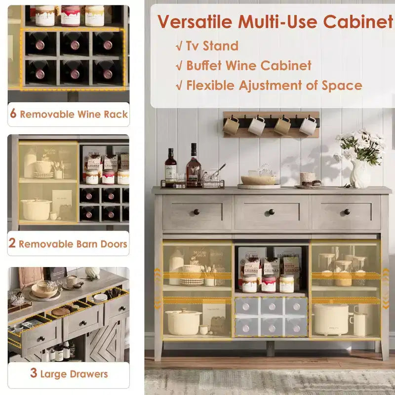 Farmhouse Buffet Cabinet with Sliding Barn Door, Rustic Sideboard with 3 Drawer, Removable Wine Rack, Farmhouse Sideboard with Adjustable Shelf