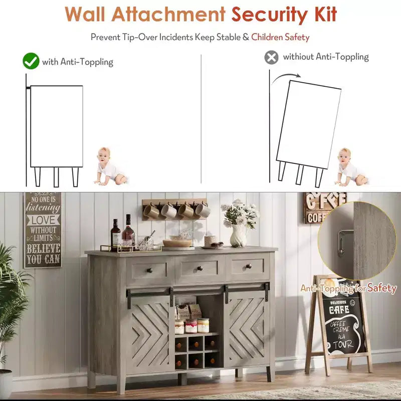 Farmhouse Buffet Cabinet with Sliding Barn Door, Rustic Sideboard with 3 Drawer, Removable Wine Rack, Farmhouse Sideboard with Adjustable Shelf