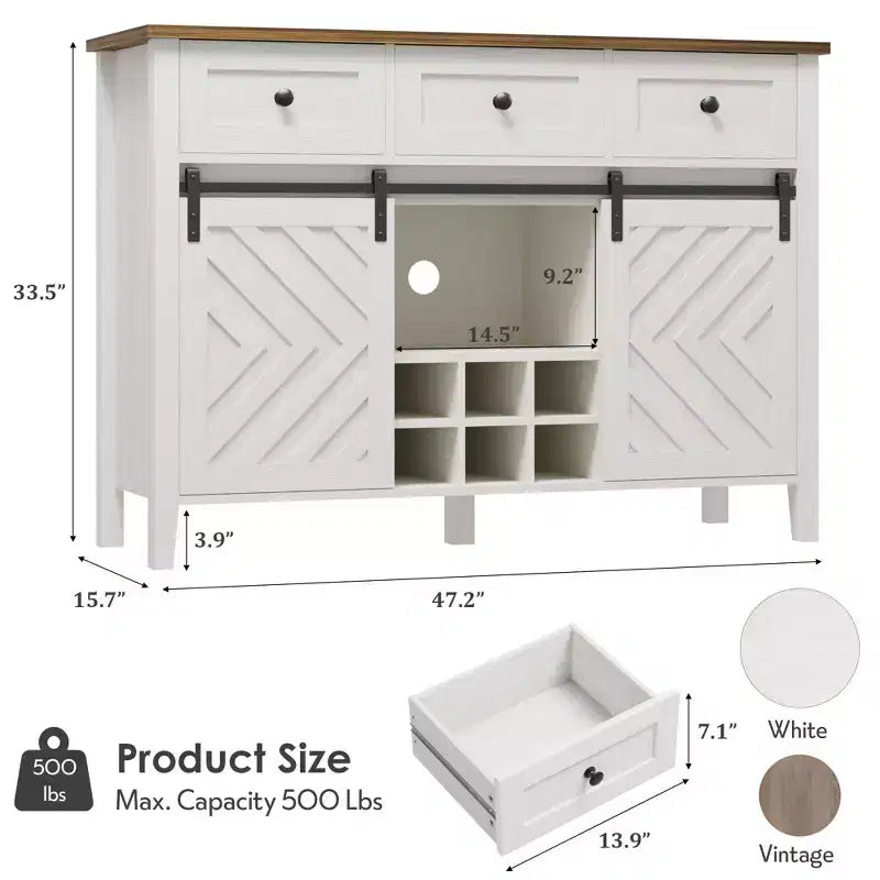 Farmhouse Buffet Cabinet with Sliding Barn Door, Rustic Sideboard with 3 Drawer, Removable Wine Rack, Farmhouse Sideboard with Adjustable Shelf