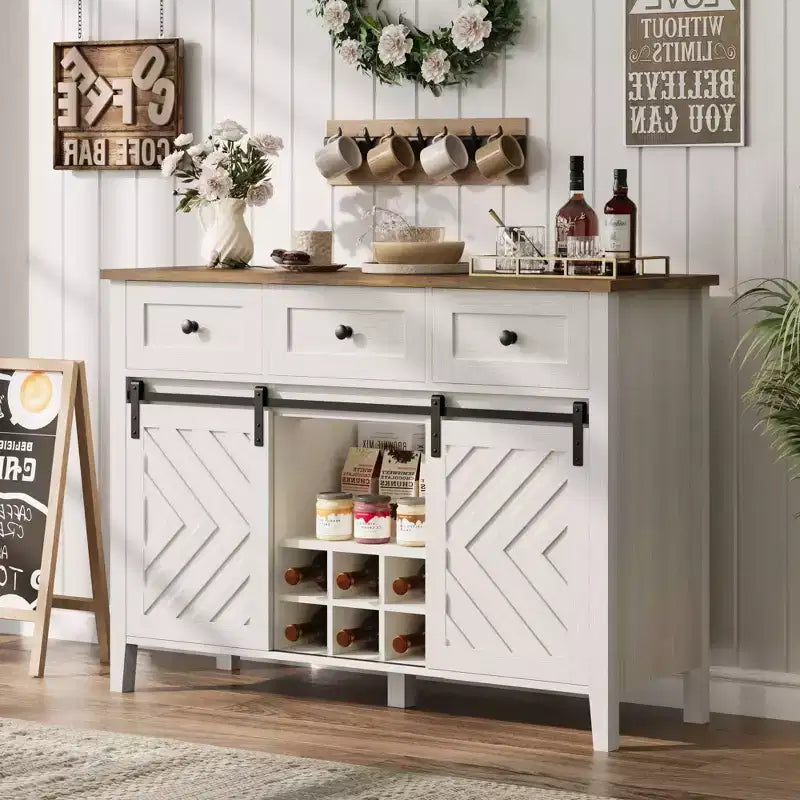 Farmhouse Buffet Cabinet with Sliding Barn Door, Rustic Sideboard with 3 Drawer, Removable Wine Rack, Farmhouse Sideboard with Adjustable Shelf