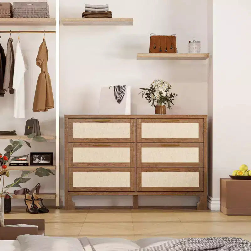 6 Drawers Dresser for Bedroom, Mid Century Modern Dresser Wooden Burlap Dressers, Storage Cabinet