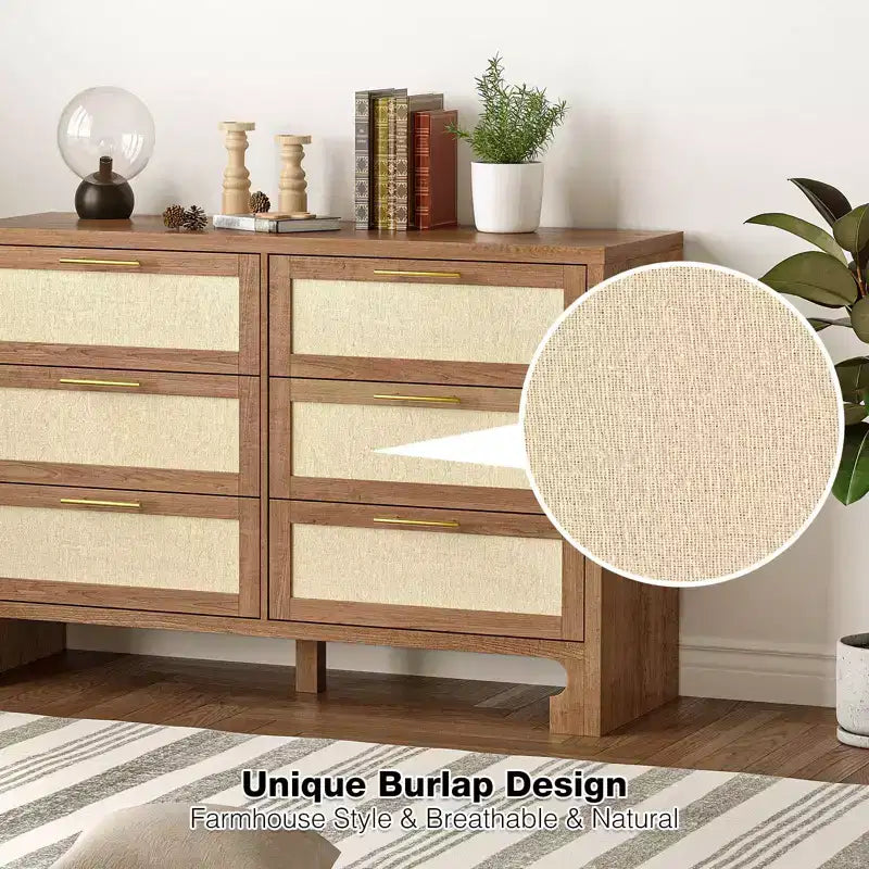 6 Drawers Dresser for Bedroom, Mid Century Modern Dresser Wooden Burlap Dressers, Storage Cabinet