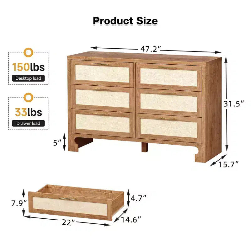 6 Drawers Dresser for Bedroom, Mid Century Modern Dresser Wooden Burlap Dressers, Storage Cabinet