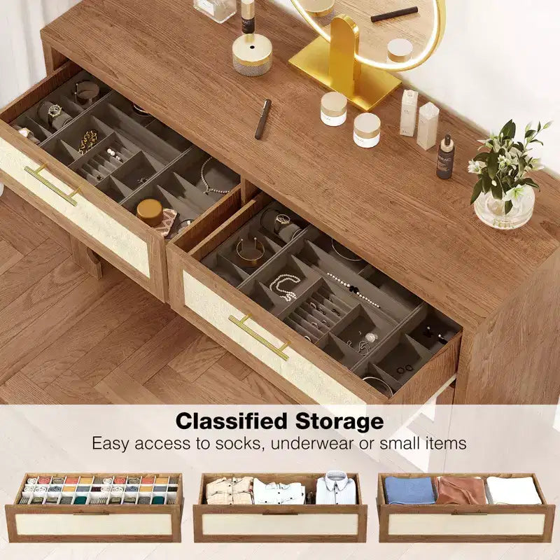 6 Drawers Dresser for Bedroom, Mid Century Modern Dresser Wooden Burlap Dressers, Storage Cabinet