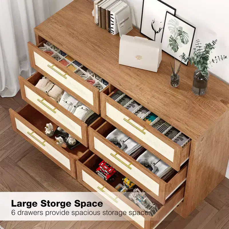 6 Drawers Dresser for Bedroom, Mid Century Modern Dresser Wooden Burlap Dressers, Storage Cabinet