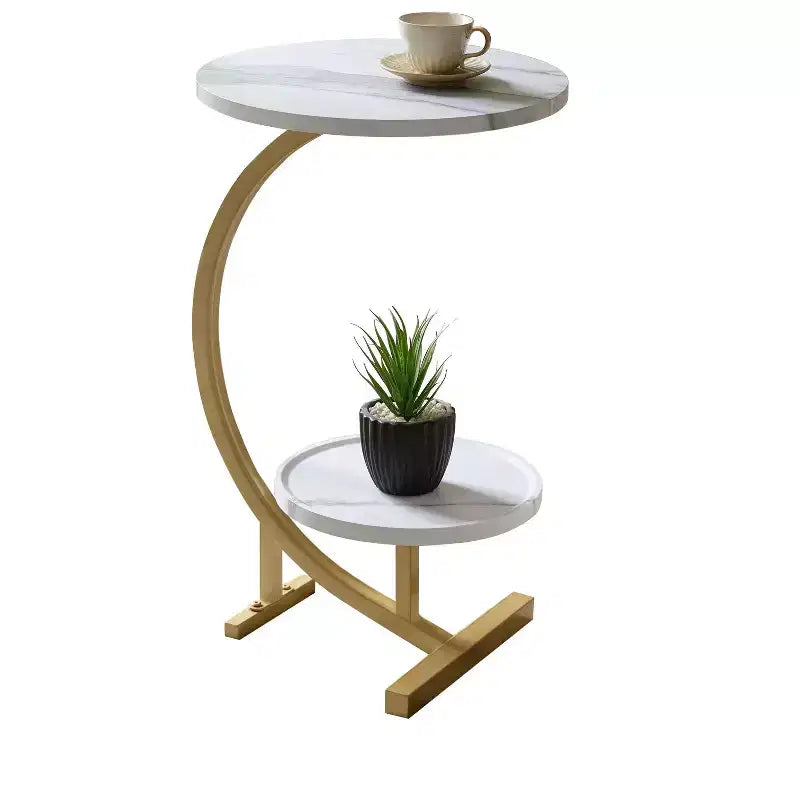 Modern Oval Side Table, Dual Shelf Faux Marble Accent Table, Small End Table for Living Room or Bedroom