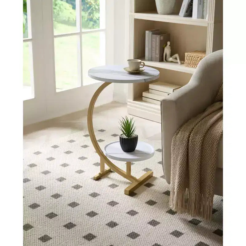 Modern Oval Side Table, Dual Shelf Faux Marble Accent Table, Small End Table for Living Room or Bedroom