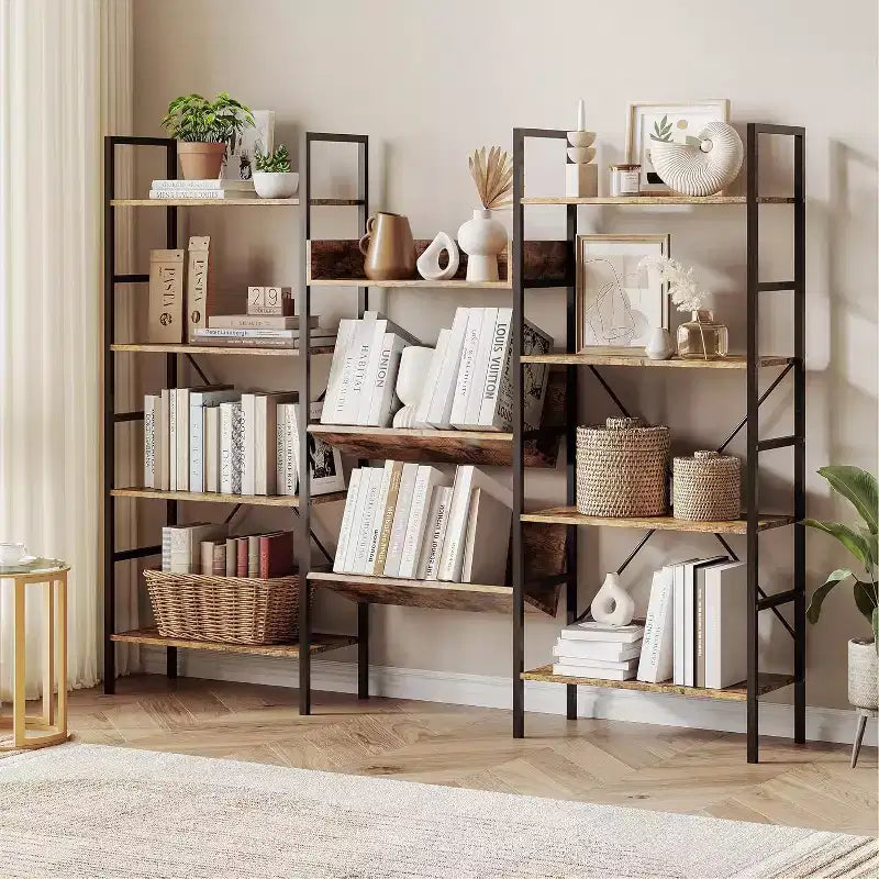 Industrial Bookcase,Triple Wide 4 Tiers Industrial Bookshelf w/Open Display Shelves, Open Record Player Shelves w/Metal Frame for Home Office
