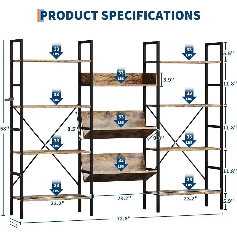 Industrial Bookcase,Triple Wide 4 Tiers Industrial Bookshelf w/Open Display Shelves, Open Record Player Shelves w/Metal Frame for Home Office