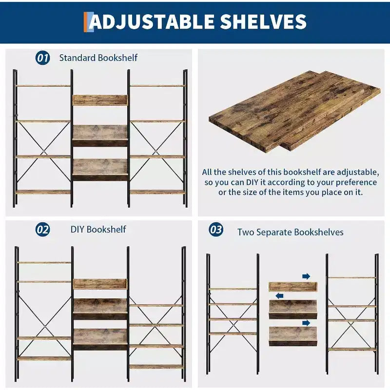 Industrial Bookcase,Triple Wide 4 Tiers Industrial Bookshelf w/Open Display Shelves, Open Record Player Shelves w/Metal Frame for Home Office