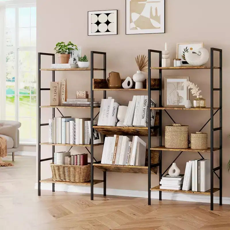 Industrial Bookcase,Triple Wide 4 Tiers Industrial Bookshelf w/Open Display Shelves, Open Record Player Shelves w/Metal Frame for Home Office
