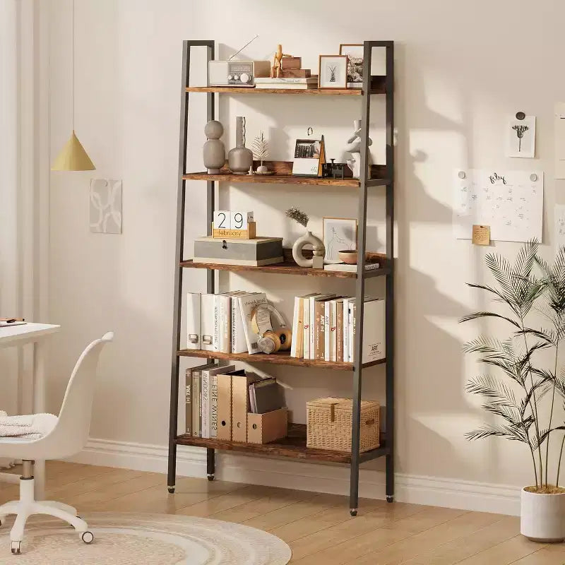 Tall Bookshelf, 5-Tier Bookcase with Open Shelves, Farmhouse Wood Storage Rack with Adjustable Feet, Metal Frame Book Shelf Organizer for Bedroom