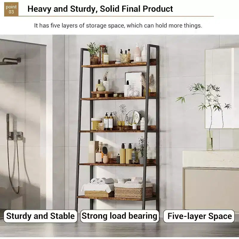 Tall Bookshelf, 5-Tier Bookcase with Open Shelves, Farmhouse Wood Storage Rack with Adjustable Feet, Metal Frame Book Shelf Organizer for Bedroom