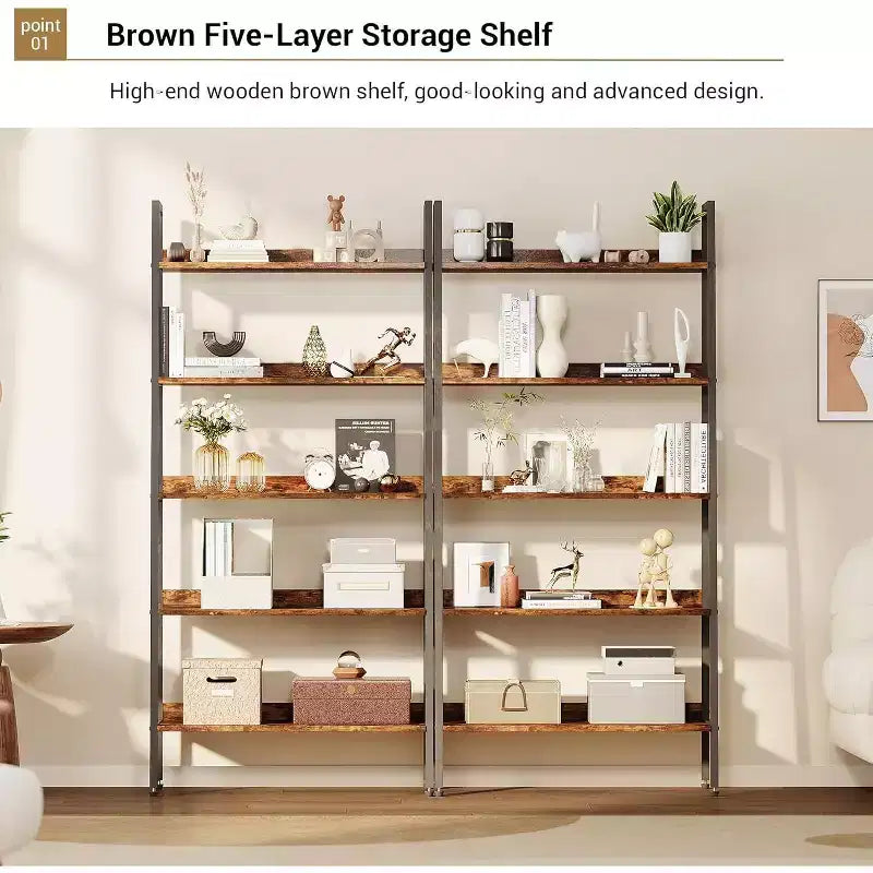 Tall Bookshelf, 5-Tier Bookcase with Open Shelves, Farmhouse Wood Storage Rack with Adjustable Feet, Metal Frame Book Shelf Organizer for Bedroom