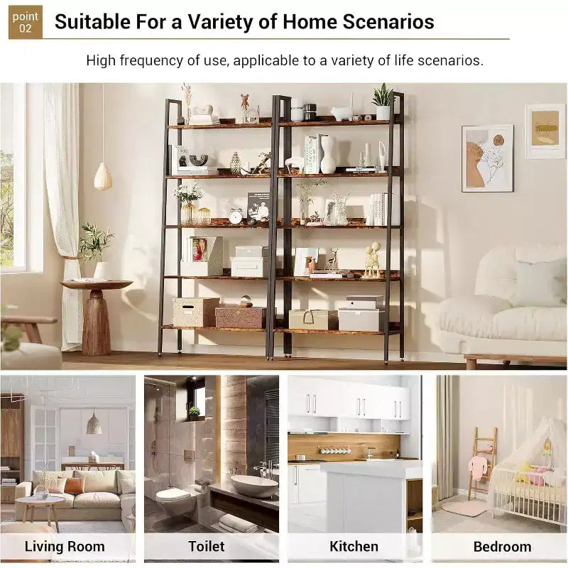 Tall Bookshelf, 5-Tier Bookcase with Open Shelves, Farmhouse Wood Storage Rack with Adjustable Feet, Metal Frame Book Shelf Organizer for Bedroom