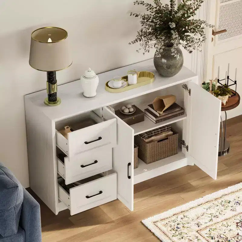 Wood - Grain Buffet Chest Kitchen Cabinet with Anti - Tipping Device - 3 Drawers+2 Doors for Kitchens or Living Room Storage