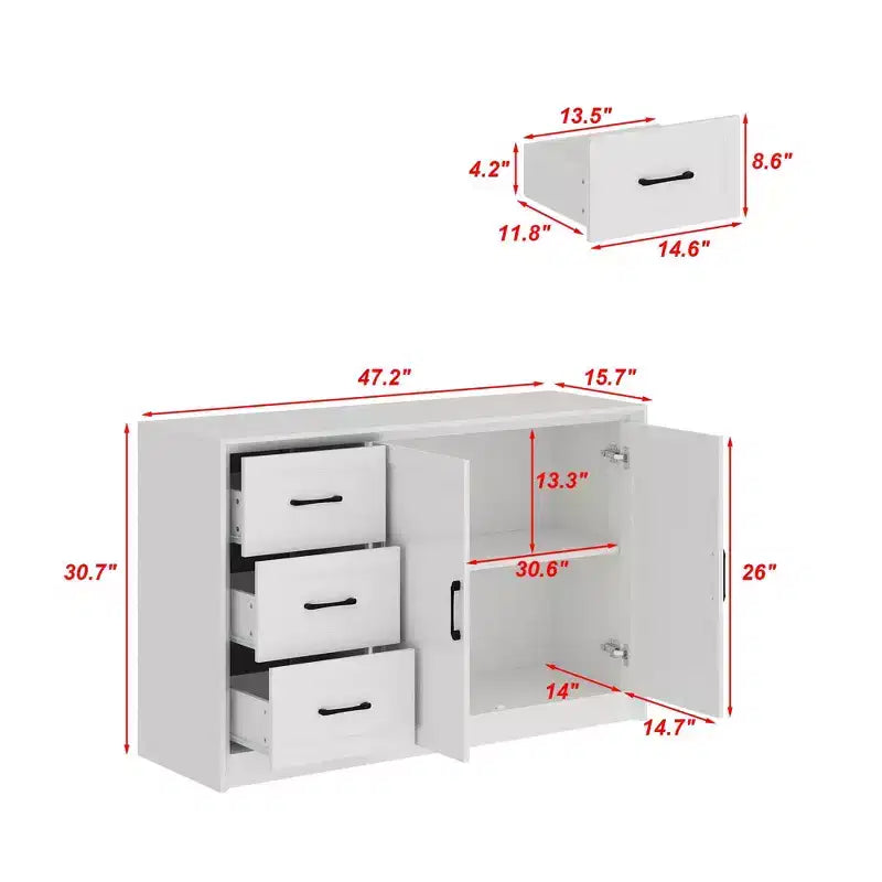 Wood - Grain Buffet Chest Kitchen Cabinet with Anti - Tipping Device - 3 Drawers+2 Doors for Kitchens or Living Room Storage