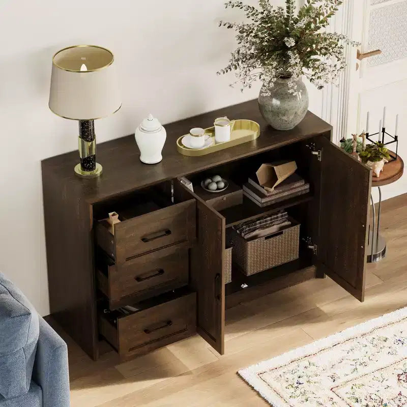Wood - Grain Buffet Chest Kitchen Cabinet with Anti - Tipping Device - 3 Drawers+2 Doors for Kitchens or Living Room Storage