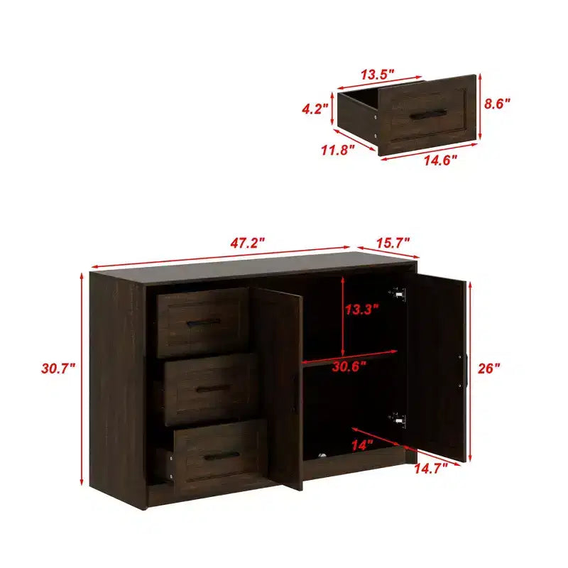 Wood - Grain Buffet Chest Kitchen Cabinet with Anti - Tipping Device - 3 Drawers+2 Doors for Kitchens or Living Room Storage