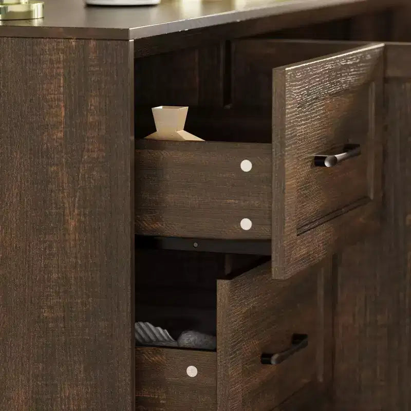 Wood - Grain Buffet Chest Kitchen Cabinet with Anti - Tipping Device - 3 Drawers+2 Doors for Kitchens or Living Room Storage