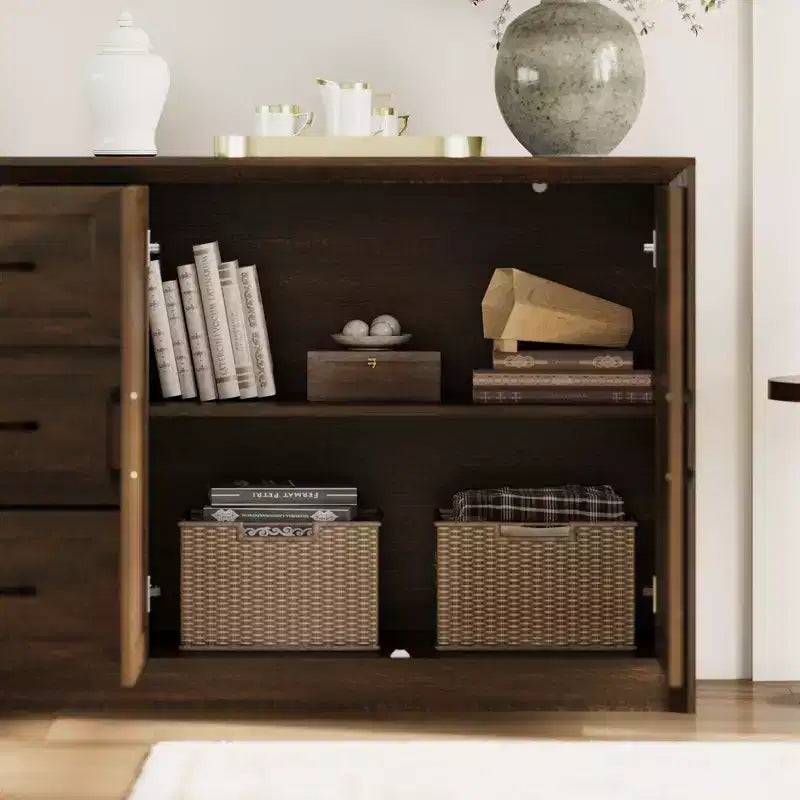 Wood - Grain Buffet Chest Kitchen Cabinet with Anti - Tipping Device - 3 Drawers+2 Doors for Kitchens or Living Room Storage