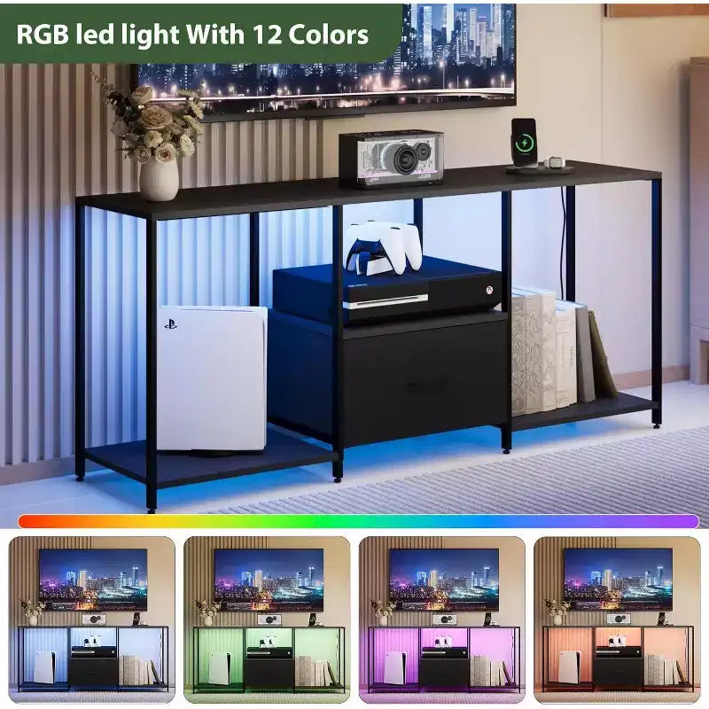 Stand for TVs up to 55, Entertainment Center with Lights & Open Storage Shelves, Modern Media Console for Living Room, Bedroom