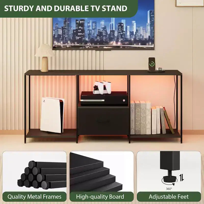 Stand for TVs up to 55, Entertainment Center with Lights & Open Storage Shelves, Modern Media Console for Living Room, Bedroom
