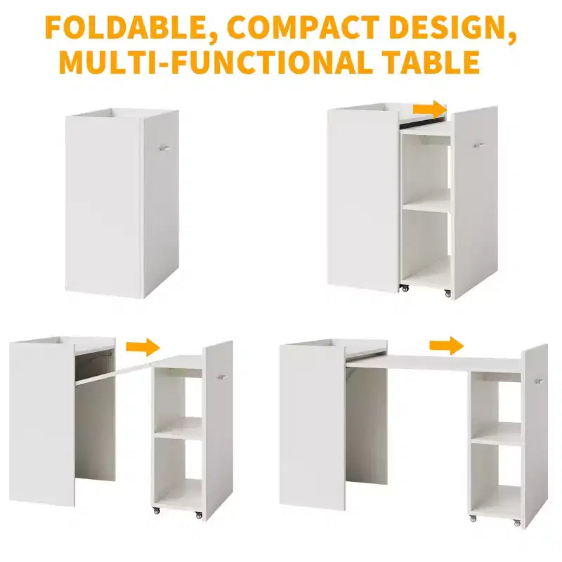 50 Folding Computer Desk with Bookshelf, Home Office Extension Table with Wheels, Small Study Writing Desk with Backless Storage Shelves