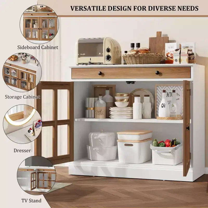 35.4 Sideboard Buffet Cabinets with Glass Door, Buffet Cabinet with Storage for Dining Room, Kitchen