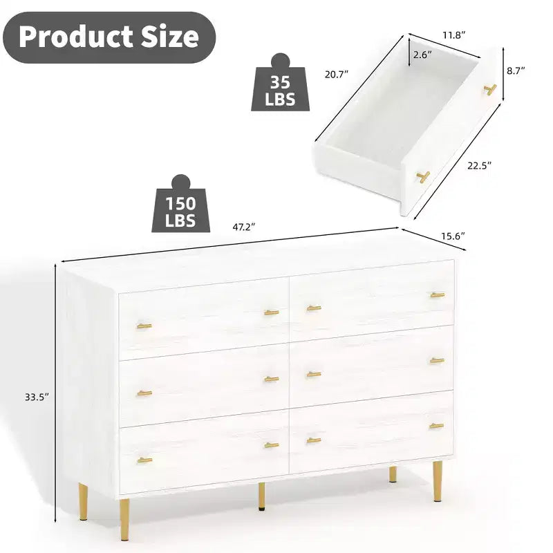GustoWave Farmhouse 6 Drawers Dresser for Bedroom, 47.2 Wide White Dresser Wood Rustic Chest of Drawers, Natural Texture,Drawer Organizer