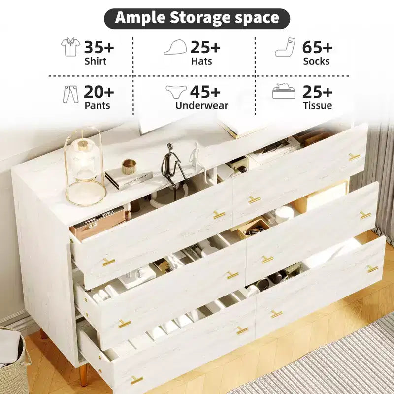 GustoWave Farmhouse 6 Drawers Dresser for Bedroom, 47.2 Wide White Dresser Wood Rustic Chest of Drawers, Natural Texture,Drawer Organizer