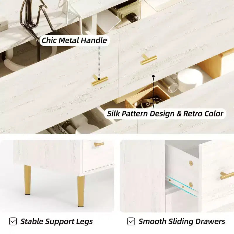 GustoWave Farmhouse 6 Drawers Dresser for Bedroom, 47.2 Wide White Dresser Wood Rustic Chest of Drawers, Natural Texture,Drawer Organizer