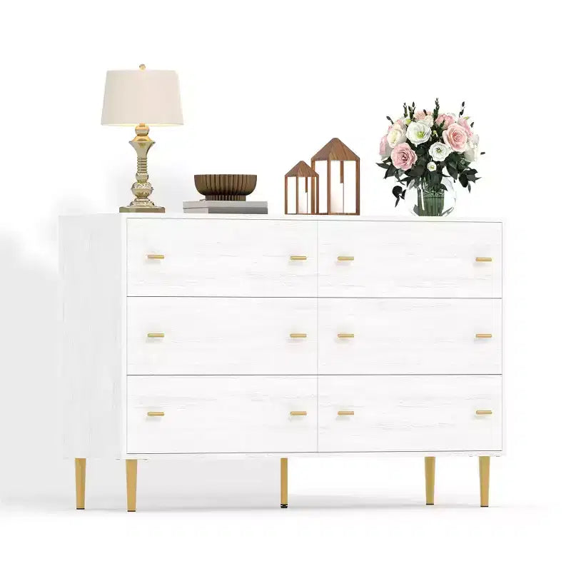 GustoWave Farmhouse 6 Drawers Dresser for Bedroom, 47.2 Wide White Dresser Wood Rustic Chest of Drawers, Natural Texture,Drawer Organizer