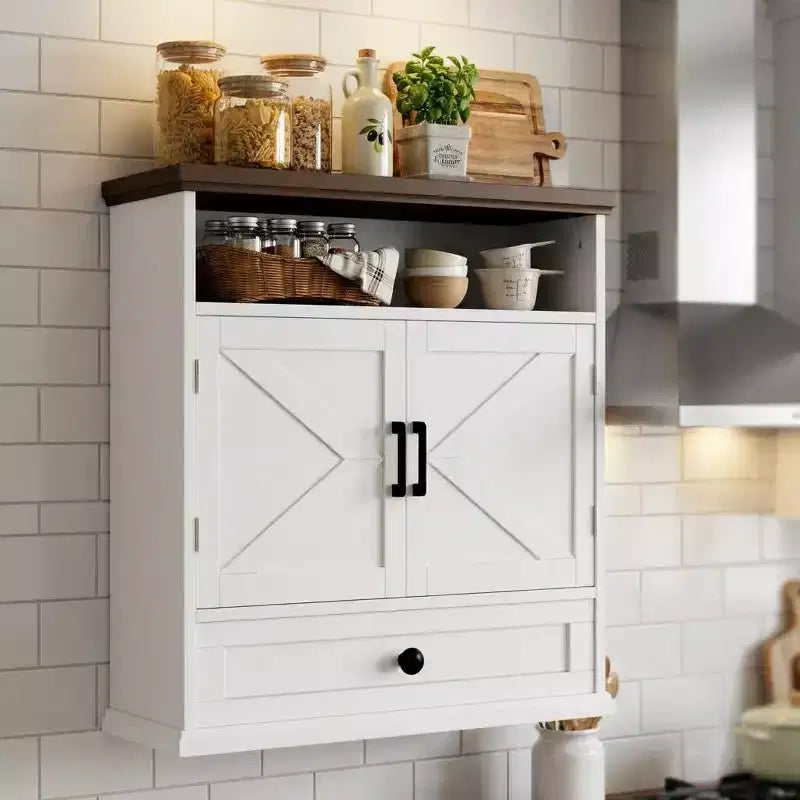 Bathroom Wall Cabinet, Farmhouse Medicine Cabinet, 24 Wide Cabinet with Drawer, Adjustable Shelf, Double Barn Doors, Storage Cabinet White
