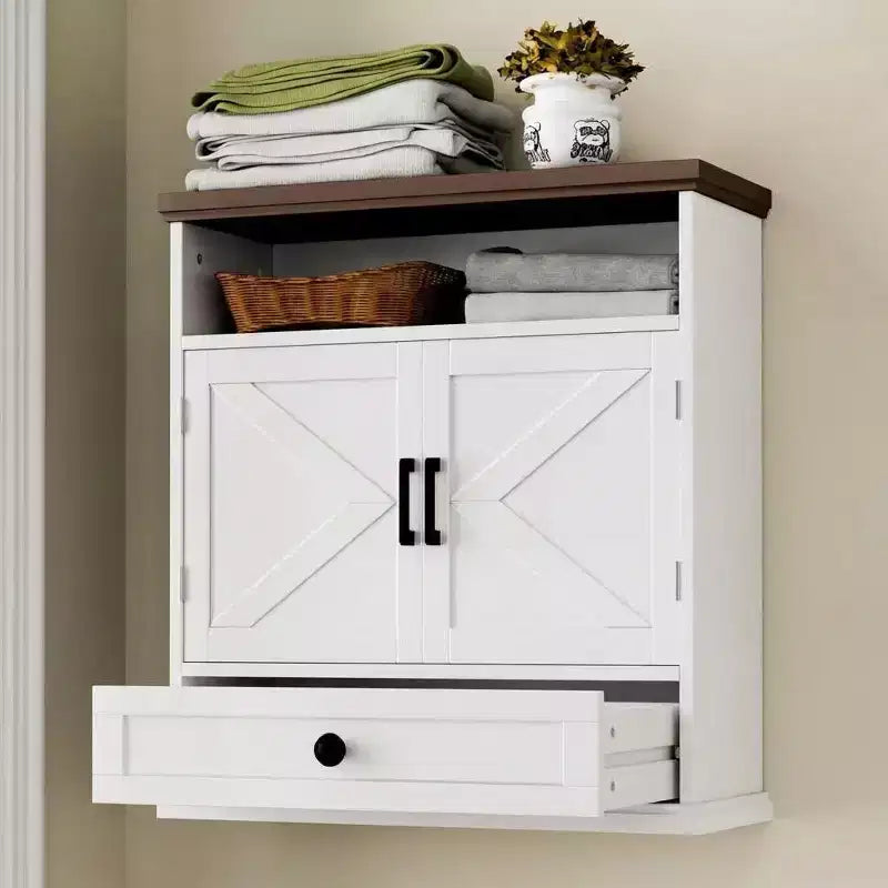 Bathroom Wall Cabinet, Farmhouse Medicine Cabinet, 24 Wide Cabinet with Drawer, Adjustable Shelf, Double Barn Doors, Storage Cabinet White