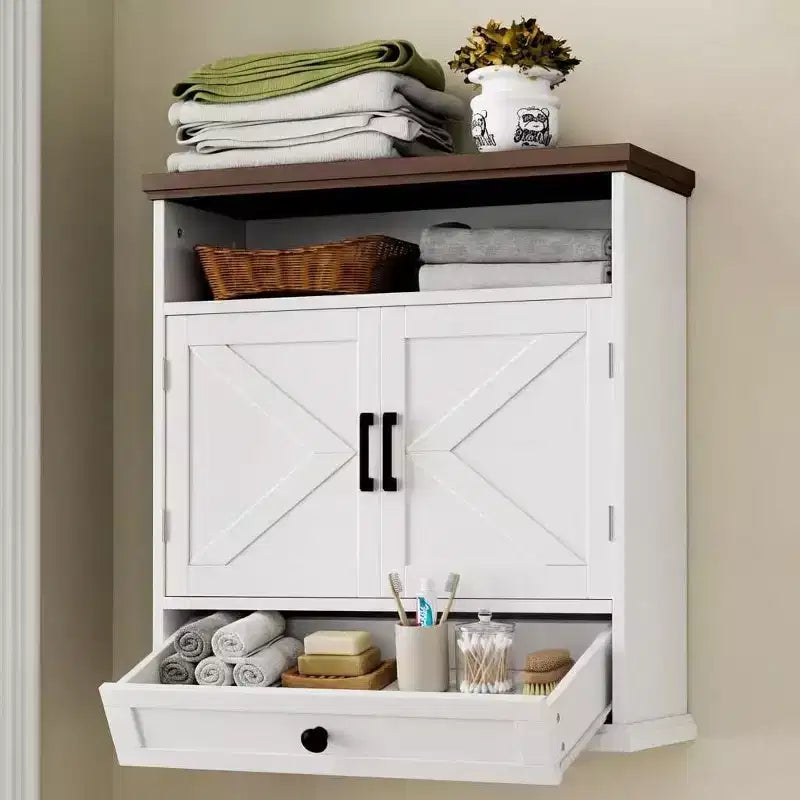 Bathroom Wall Cabinet, Farmhouse Medicine Cabinet, 24 Wide Cabinet with Drawer, Adjustable Shelf, Double Barn Doors, Storage Cabinet White