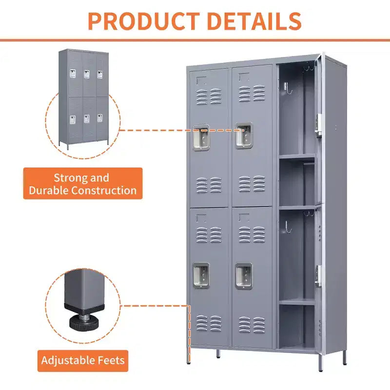 6 Door 72H Metal Gray Lockers With Lock, Garment Racks for Employees, Storage Locker Cabinet