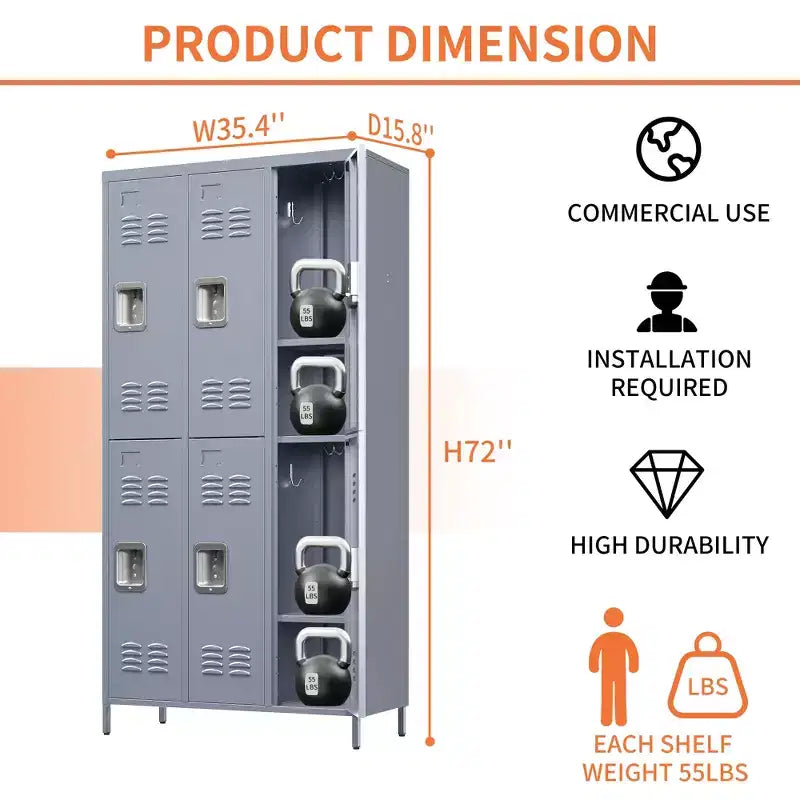 6 Door 72H Metal Gray Lockers With Lock, Garment Racks for Employees, Storage Locker Cabinet